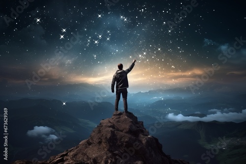 Visualization of a person's silhouette standing on a mountaintop, reaching for the stars of imagination