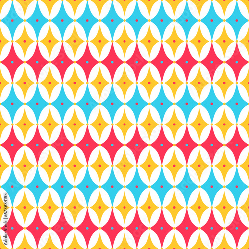 Christmas vector seamless check pattern with gold dots. Elegant background of carnival clown and joker diamonds ornament. Blue, red, yellow color. Fabric texture print