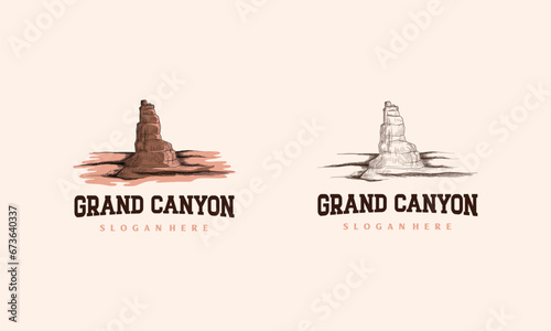 Hand Drawn Rock Cliff Logo Design Vector, Canyon vintage logo template
