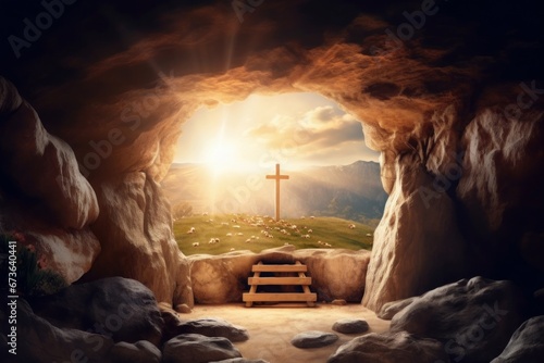 empty tomb of Jesus Christ at sunrise resurrection, Generative AI