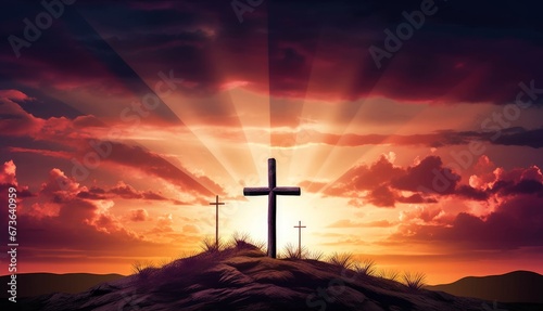 calvary sunset background for good friday he is risen, Generative AI