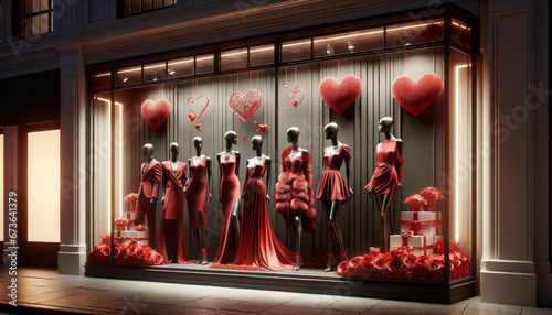Valentine's Day Elegance with Mannequins in Red Evening Wear and Heart Decorations