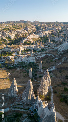 Lovers Valley fairy chimneys. Fairy chimneys in Cappadocia. Aerial view. Turkey tourist attractions