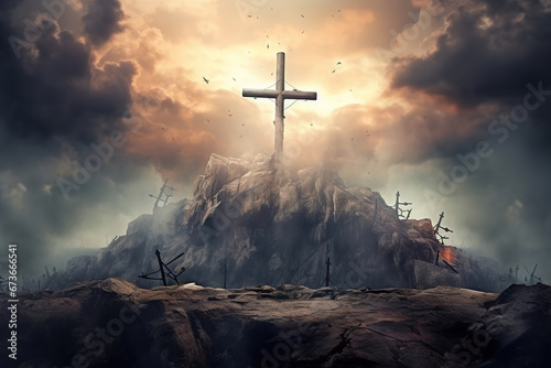 Holy cross symbolizing the death and resurrection of Jesus Christ with the sky over Golgotha Hill is shrouded in light and clouds. Apocalypse concept.