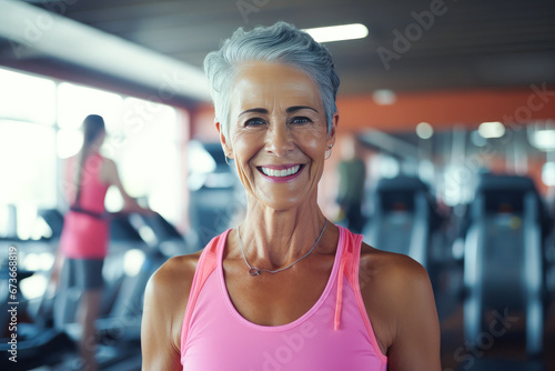 Portrait of a smiling mature woman in gym working out. Healthy lifestyle, fitness and sport.