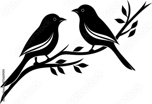 Birds on branch silhouette icon in black color. Vector template for tattoo or laser cutting.