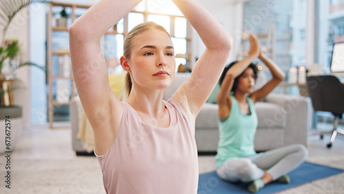 Yoga, breathing exercise and women in home together, fitness and mindfulness training in living room. Balance, meditation and workout friends in holistic exercise, peace and zen health in apartment.
