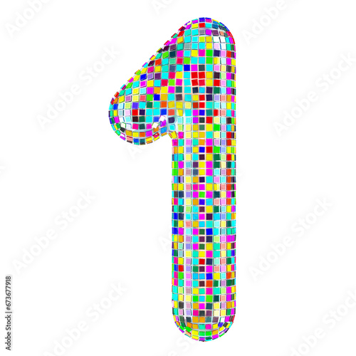 Mosaic font, number 1 from vivid mosaic pieces. 3D rendering isolated on transparent background