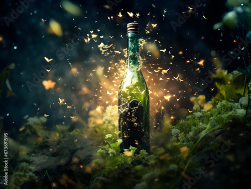 Champagne Bottle and Glowing Glasses on a Sparkling Background - Party Time, Copy Space on foret. Happy new Year