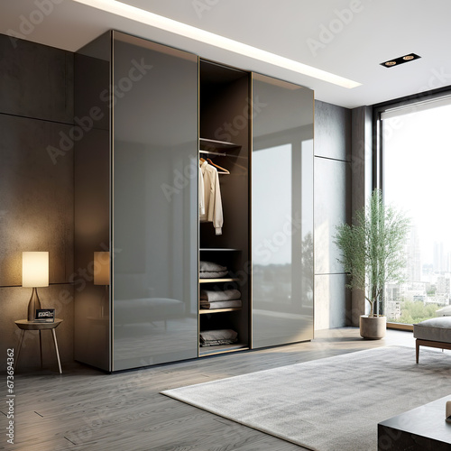 Grey wardrobe with glossy sliding doors in minimalist style interior design of modern bedroom.