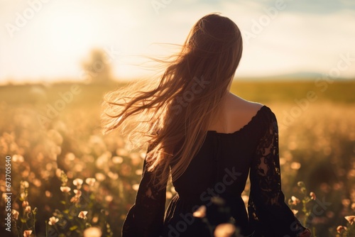 Rear view of beauty girl outdoors enjoying nature, beautiful teenage model girl in black dress standing on the spring field, sun light, freedom concept