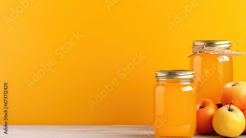 Apple jam in jars on a yellow background. Home canned food. Home preservation. Jam advertisement.