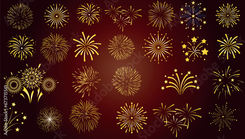 Golden fireworks, firework vector illustration on dark background, Bursting rockets, sparkling sparklers, shining gold, festive party night sky. Pyrotechnics display, jubilee event, firecracker blast