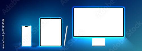 Laptop Computer, Mobile Phone and Tablet PC Mock up. Abstract smart device glowing in dark. Realistic high-detailed technology devices set. Vector illustration.