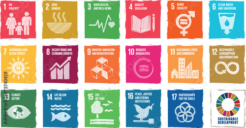 Sustainable Development global goals icon set chock board sketch. School Education concept. Sustainable Development for a better world. Vector illustration..