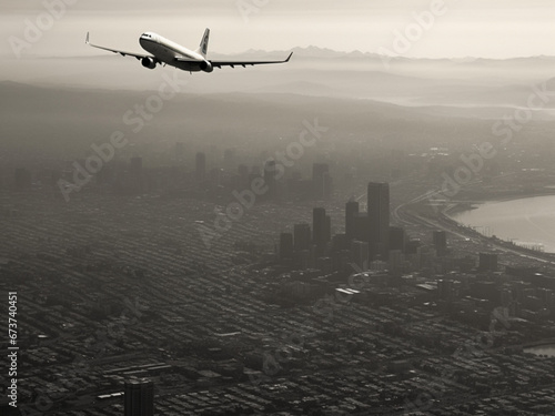 a black and white photograph of an airplane flying over a megacity from the 1980s, in the style of light brown and silver, tenwave, dignified poses, detailed world-building, american regionalism