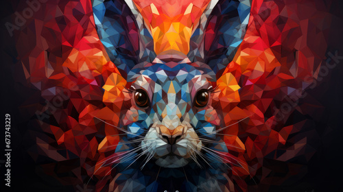 Multicolor geometric illustration of a rabbit. Colourful poly graphic on black background.