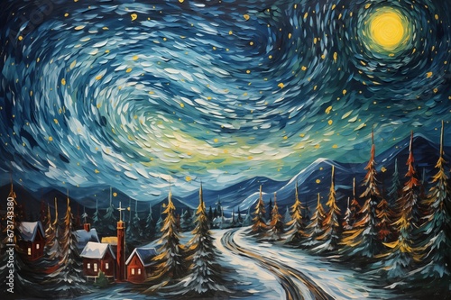 Vincent Van Gogh Style Painted Christmas Winter Street Scene Featuring a Snow Covered Town With Glowing Lights and a Large Fir Trees and a Starry Nights Sky In a Post Impressionist