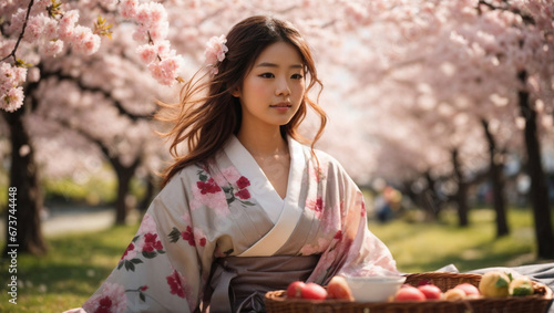 Bellissima ragazza di origini asiatiche vestita con un kimono sotto un albero di ciliegio in fiore in Giappone in primavera fa il tradizionale picnic chiamato Ohanami
