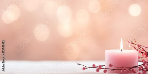 Pink Christmas - Banner Of Light Up Candle, Ornaments And Branches On Snowy Wooden Table With Pink and Gold Bokeh Background