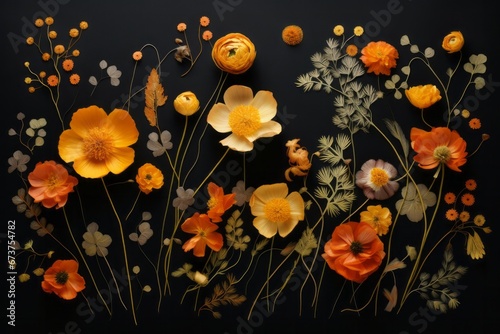 Beautiful assorted pressed orange and yellow flowers isolated on black