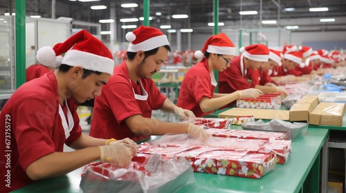 Impiegati in una catena di montaggio vestiti in tema natalizio fanno pacchetti regalo