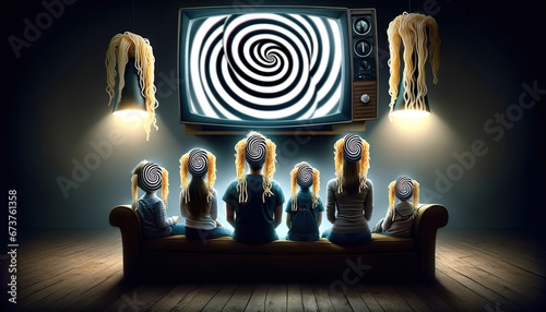 Family entranced by television, spirals in eyes and noodles on ears denote deception