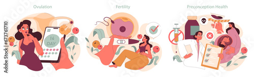 Illustrative guide on women's reproductive health, showcasing ovulation tracking, fertility tests, and preconception care. Emphasizes awareness, informed choices, and expert consultation