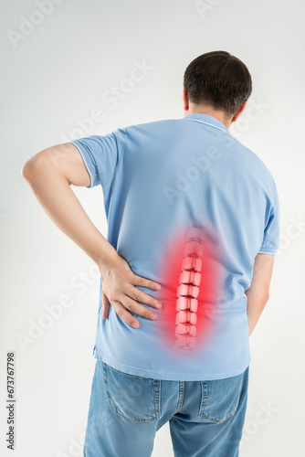 Lumbar intervertebral spine hernia, man with back ache suffers from pain, spinal disc disease