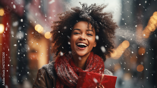 Happy black woman with gift boxes on Christmas background.