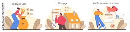 Refinance process set. Loan rate reduction to lender agreements. Debt obligation with better interest rate. Housing loan, real estate mortgage. Flat vector illustration