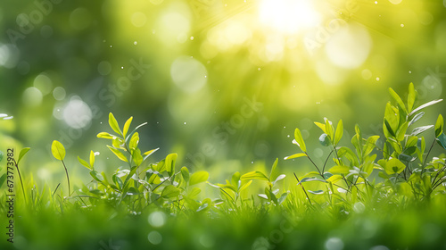 Spring summer nature background with grass, trees branch with green leaves and sun rays