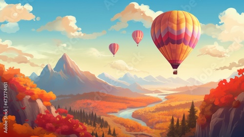Playful illustration featuring hot air balloons that are flying above the autumn landscape