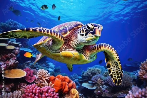 A sea turtle swimming underwater in tropical ocean