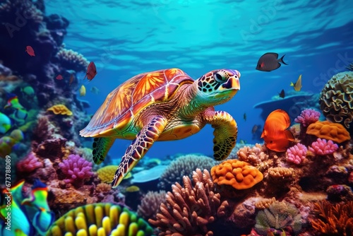 Sea turtle swim above a colorful coral reef underwater in tropical sea.