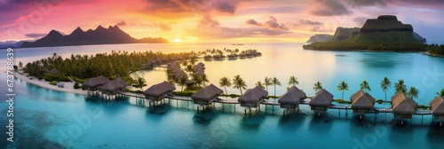 Aerial view of luxury hotel and resort at sea beach in tropical sea at sunset with beautiful colors.
