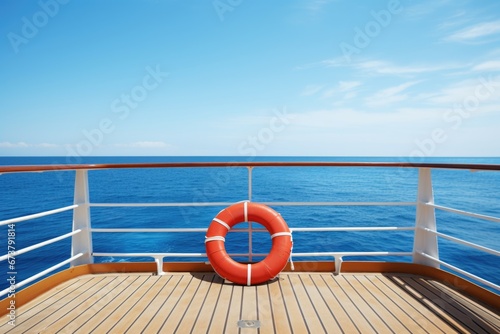 Luxury cruise ship deck view with red lifebuoy on fense in sea. Vacation travel concept.