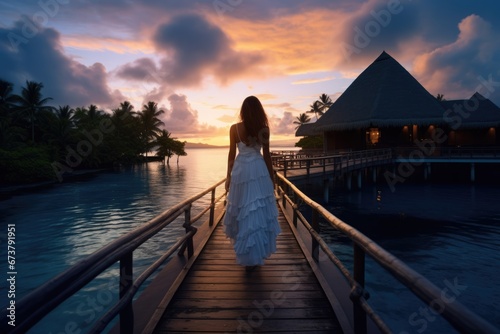 Lovely graceful lady in long skirt at sunset in a luxury resort with beautiful seascape. Summer tropical vacation concept.