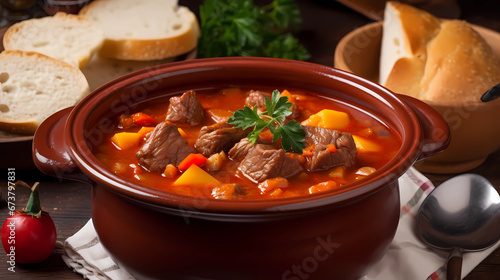 Traditional Hungarian goulash soup Bograch in a bowl