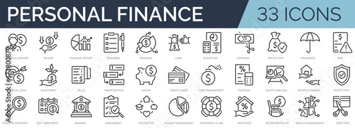 Set of 33 outline icons related to personal finance. Linear icon collection. Editable stroke. Vector illustration