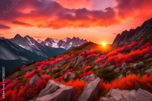 Rocky mountains at amazing colorful sunset in summer . Mountain ridges and beautiful sky with pink, red and ornage clouds and sunlight in spring. Landscape with rocks, mountain peak