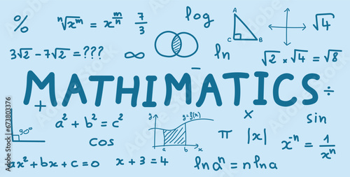 Scientific background with mathematical formulas. Mathematics equations and formula. Geometry background, formulas, shapes and graphics. Math resources for teachers and students. Vector illustration.