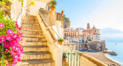 Scenic view of Atrani town on the Amalfi Coast, Italy travel photo