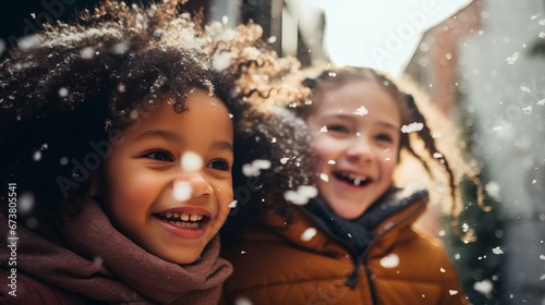 diversity children playing together in winter with snowflakes. generative AI
