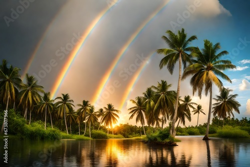 Double rainbow behind a Coconut tree on beautiful island