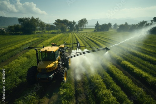 A Tractor Spraying Pesticide on a Vibrant Green Field