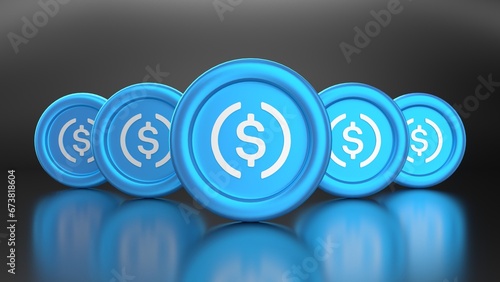 usdc, USD Coin, Five crypto coins in a row on a black background, with the central coin prominently displayed and the others subtly receding, 4k 3d render, 3d illustration, 