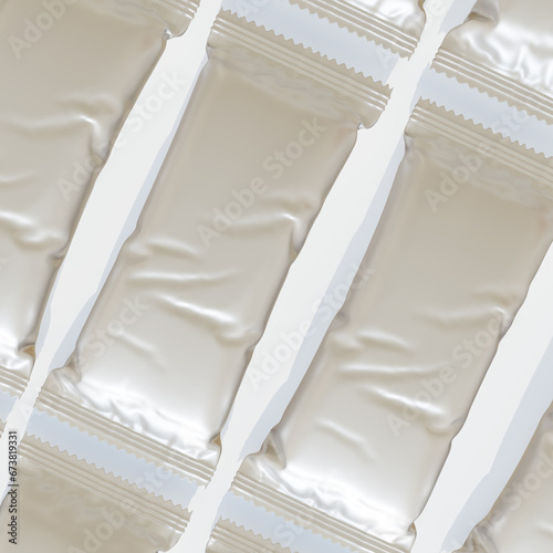 Protein bar packaging white color and realistic render with metalic or glossy texture