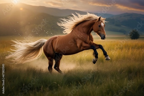 Sunset Majesty: A Horse's Serene Run Through Verdant Meadows