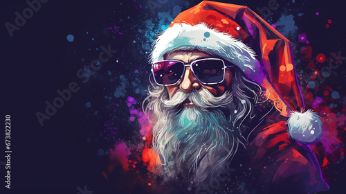 Illustration of cool looking Santa Claus wearing sunglasses and santa hat in abstract mixed grunge colors style.